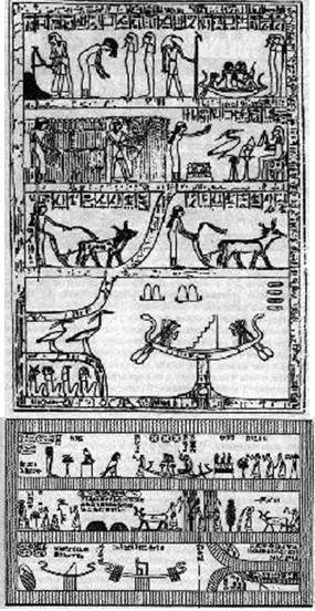 Поля Покоя: папирус Анхаи, ниже – Туринский папирус эпохи Птолемеев