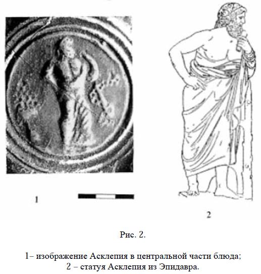 1– изображение Асклепия в центральной части блюда; 2 – статуя Асклепия из Эпидавра