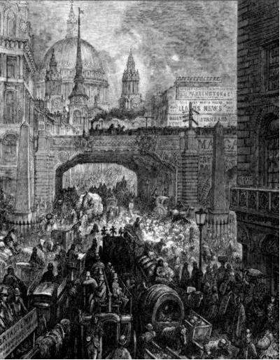 Уличное движение в Лондоне. Рисунок Гюстава Доре из книги «Паломничество». 1877