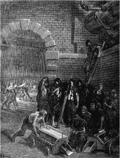 Рабочие на газовом заводе в Ламбете, Лондон. Рисунок Гюстава Доре из книги «Паломничество». 1877