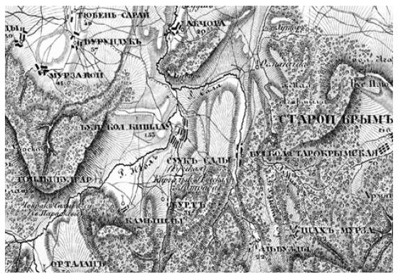 Топографическая карта Кишлавской котловины XIX в. Съемка полковника Бетева и подполковника Оберга. М 1 дюйм – 1 верста.