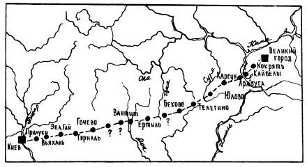 Карта-схема основных торговых путей Волжской Булгарии в IX-ХШ века: а- маршруты речных путей; б- маршруты сухопутные.