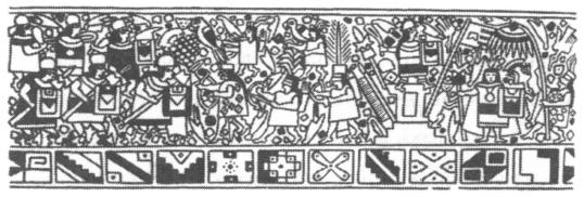 Война инков против обитателей леса (анти) на раскрашенном деревянном кубке колониальной эпохи