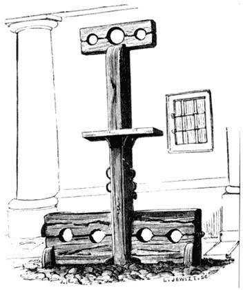 Колодки и позорный столб в Воллингфорде, Оксфордшир. Рисунок из книги Уильяма Эндрюса «Наказания былых времен». 1899