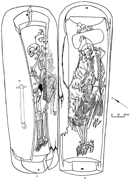 Планы женского (У) и мужского (2) погребений в колодах в кург. 1 могильника Ак-Алаха I.