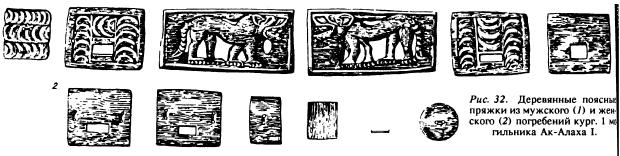 Деревянные поясные пряжки из мужского (7) и жен¬ского (2) погребений кург. 1 могильника Ак-Алаха I.