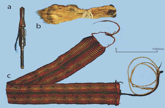 Артефакты, выделенные из ритуального слоя: а) деревянные трубки для нюханья; б) маска – лисья морда; в) оголовье из многоцветной ткани.