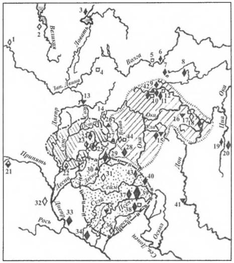 Распространение этноопределяющих типов лучевых височных колец в Восточной Европе (по Е. А. Шинакову, 1980, 1994, с современными дополнениями).