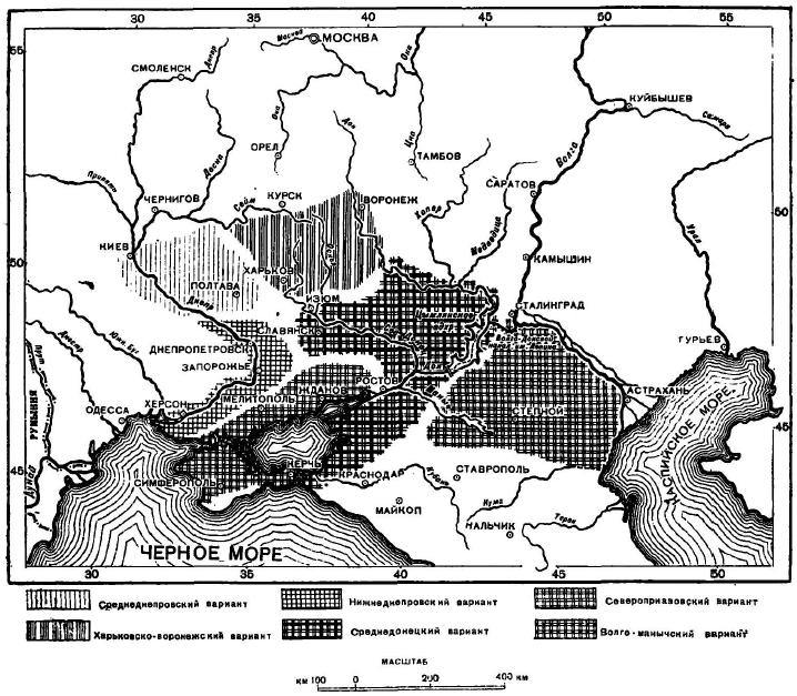 Карта хронологических и территориальных вариантов катакомбной культуры