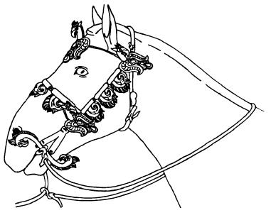 Рис. 108. Реконструкция украшений упряжи у коня из вос¬точной части погребальной камеры кургана Кутургунтас.