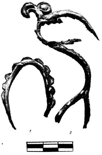 Рис. 99. Кожаный рог козерога (7) и фигурка фантастичес¬кой птицы, вырезанная из кожи (2).