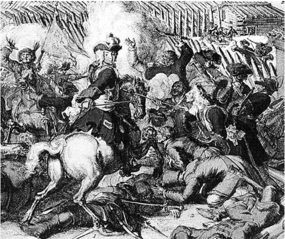 Битва под Нарвой 19 ноября 1700 г. Фрагмент голландской гравюры П. Шенка с оригинала Р. Гооге.