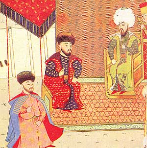 Менгли I Герай (в центре) со своим сыном и наследником Мехмедом Гераем (слева) и османским султаном Баязидом II (справа)